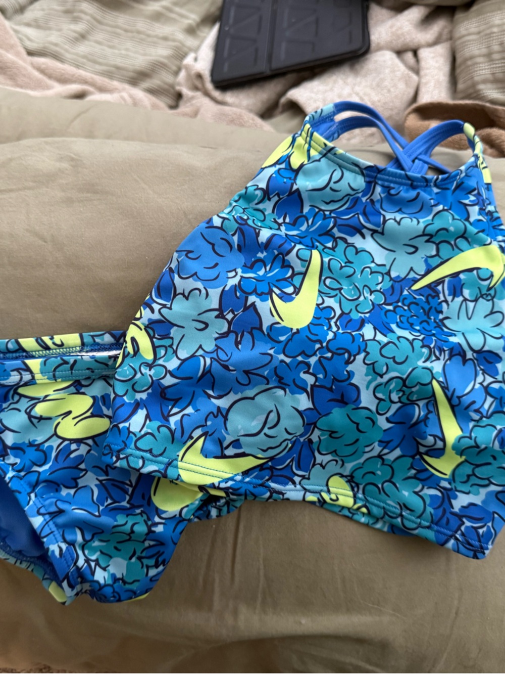 Nike Blue Floral Sports Swim Top with Neon Yellow Swoosh